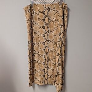 H&M Tan and Black Snake Print Midi Skirt Slit Size 14 (Waist 18") Flowy Cute